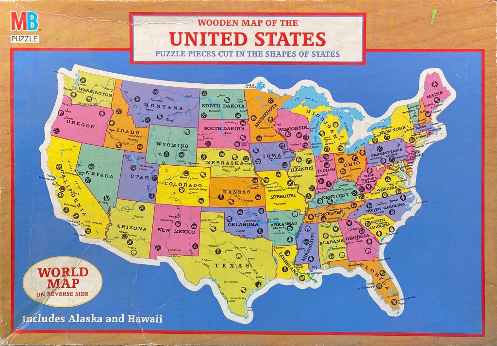 A colorful, illustrated map of the United States divided by state borders against a blue background.