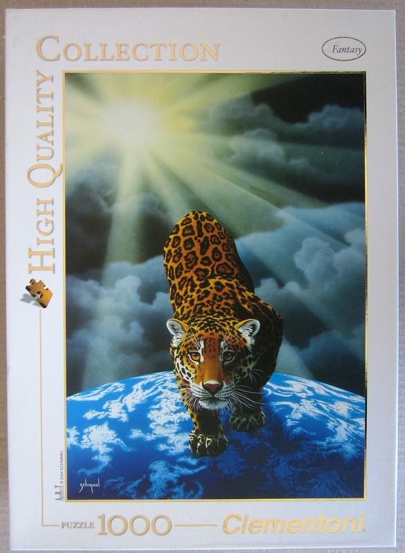 A jaguar prowling over the surface of the Earth beneath a bright, sunlit sky.