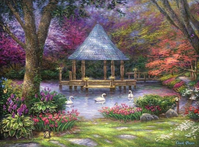 A peaceful pond scene featuring a gazebo surrounded by lush flowering gardens and three white swans.