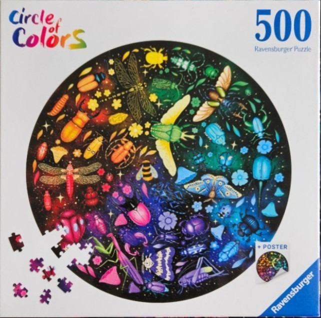 A circular arrangement of colorful insects arranged in a rainbow spectrum against a dark background.