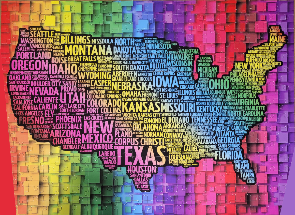 A map of the United States formed by names of cities and states against a rainbow-colored grid background.