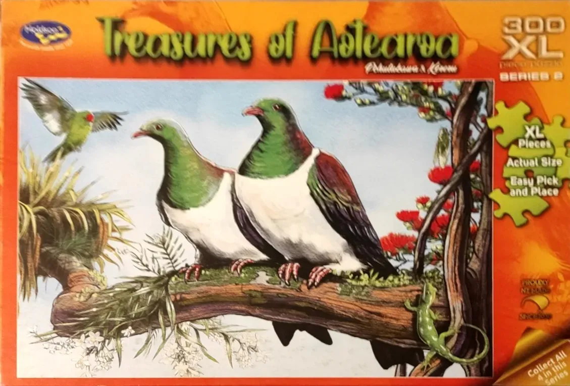 A painting of two New Zealand wood pigeons perched on a branch, with a flying parakeet and a green lizard nearby.
