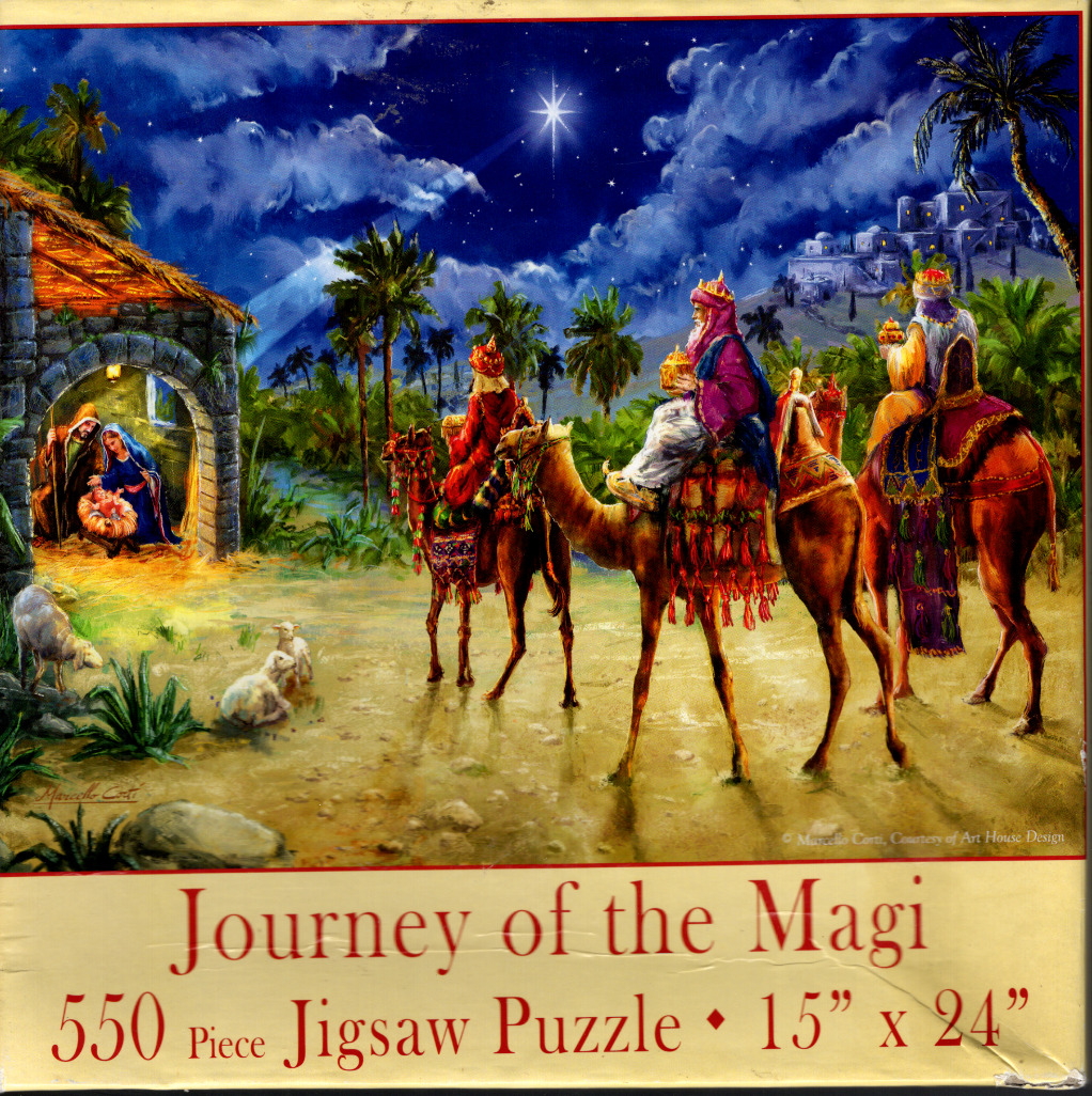 The Three Magi on camels traveling toward a nativity scene under a bright star in a night sky.