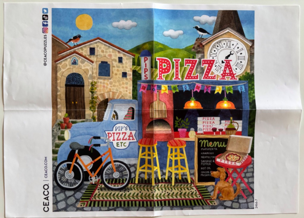 An illustration of an outdoor pizza stall beside a blue vintage truck, a bicycle, and a small dog in a cobblestone square.