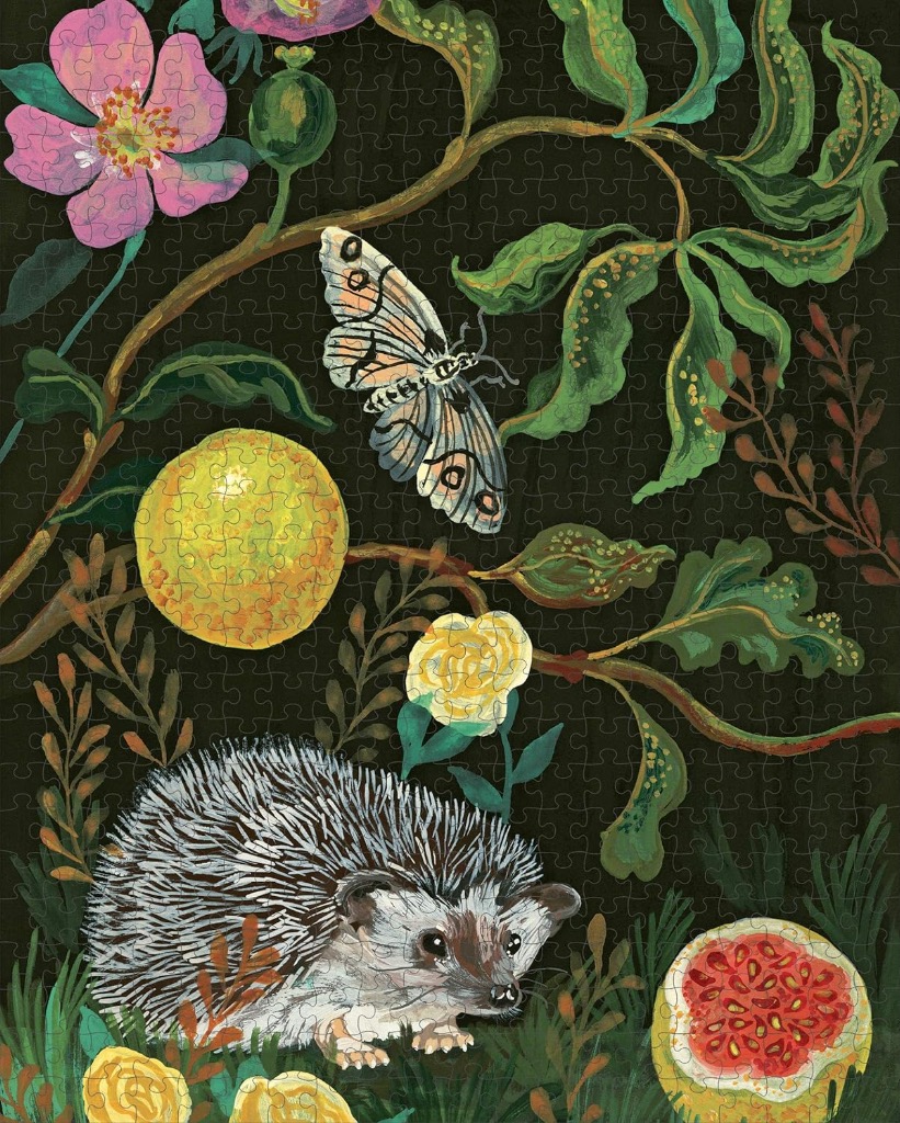 A whimsical illustration of a hedgehog, a moth, pink flowers, and fruit against a dark black background.