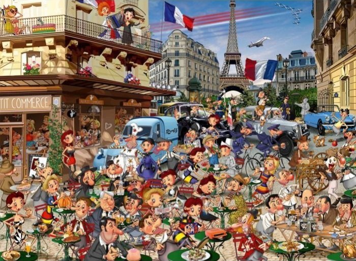 Busy, humorous cartoon scene in a Parisian street with the Eiffel Tower in the background.