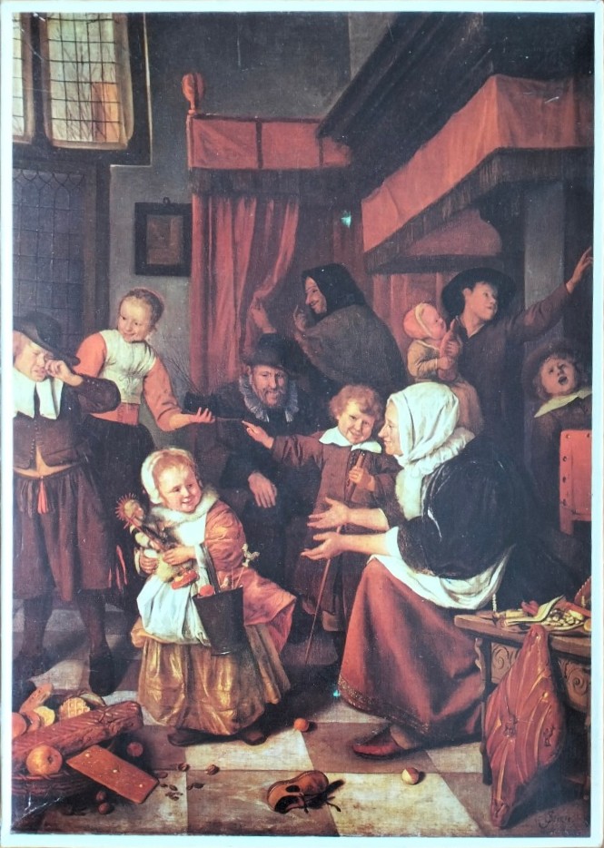 An oil painting of a family celebrating St. Nicholas Day inside a dimly lit seventeenth-century Dutch interior.