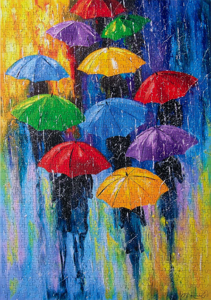 A vibrant oil painting showing silhouettes of people walking in the rain under colorful umbrellas.