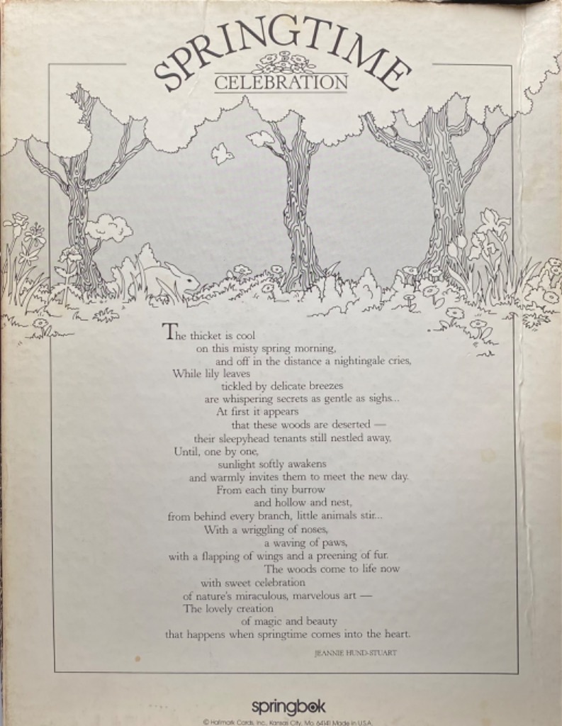 Springtime Celebration: Black and white line drawing of trees, flowers, and a rabbit.