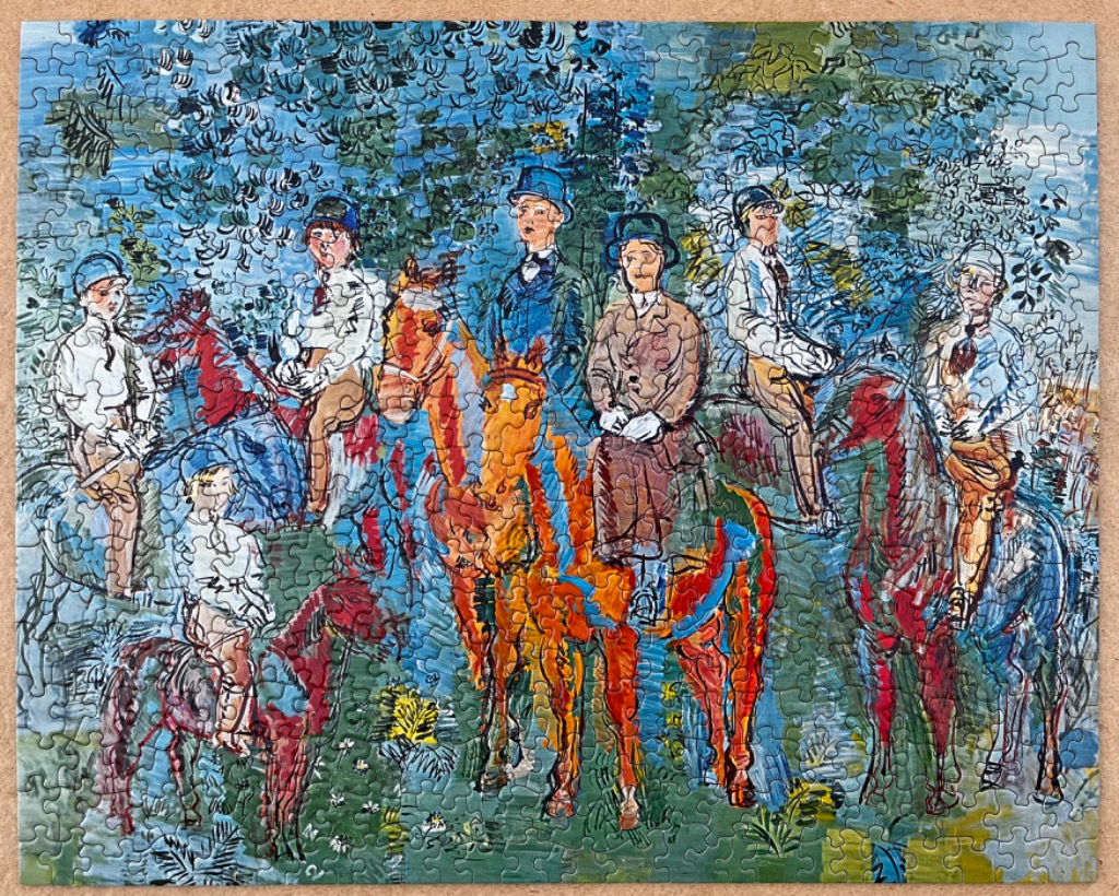 Impressionist painting of a group of six riders on horseback in a wooded clearing.