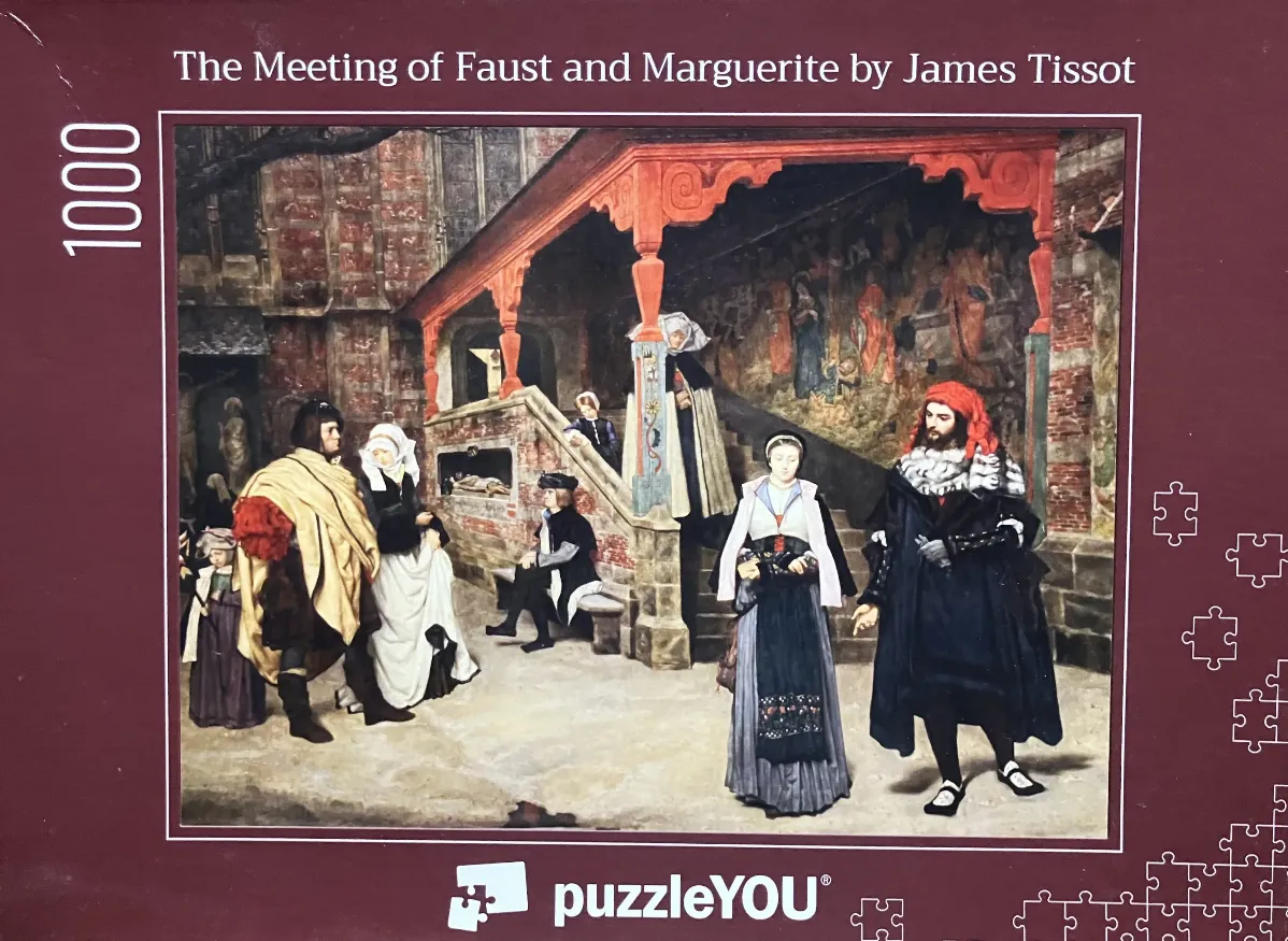 Painting titled The Meeting of Faust and Marguerite by James Tissot depicting figures in 16th-century style costumes.