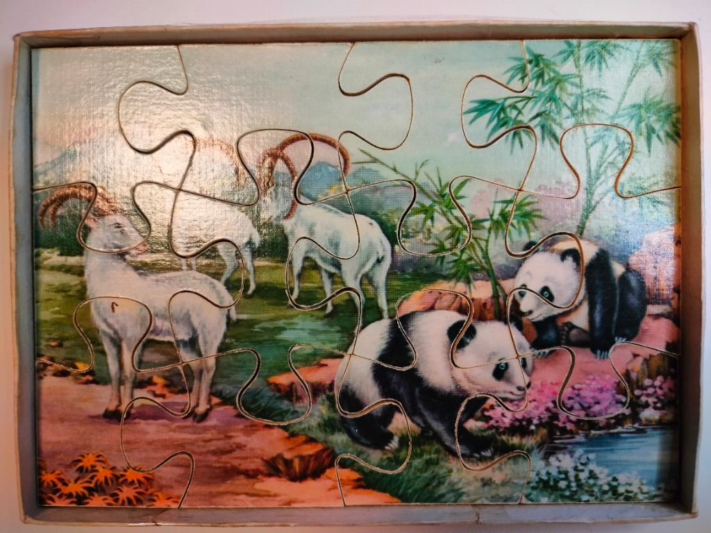 A vintage-style illustration featuring two white ibex and two giant pandas in a lush, mountainous landscape.