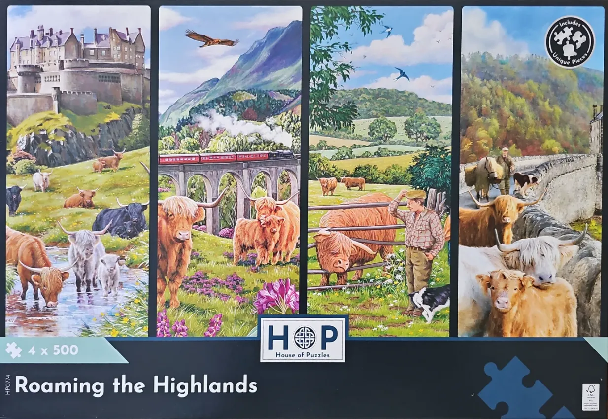 A four-panel montage of Scottish Highland scenes featuring cattle, a castle, and a vintage train.