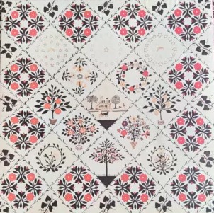 A repeating diamond-grid pattern featuring folk-art style illustrations of flowers, trees, and small landscapes.