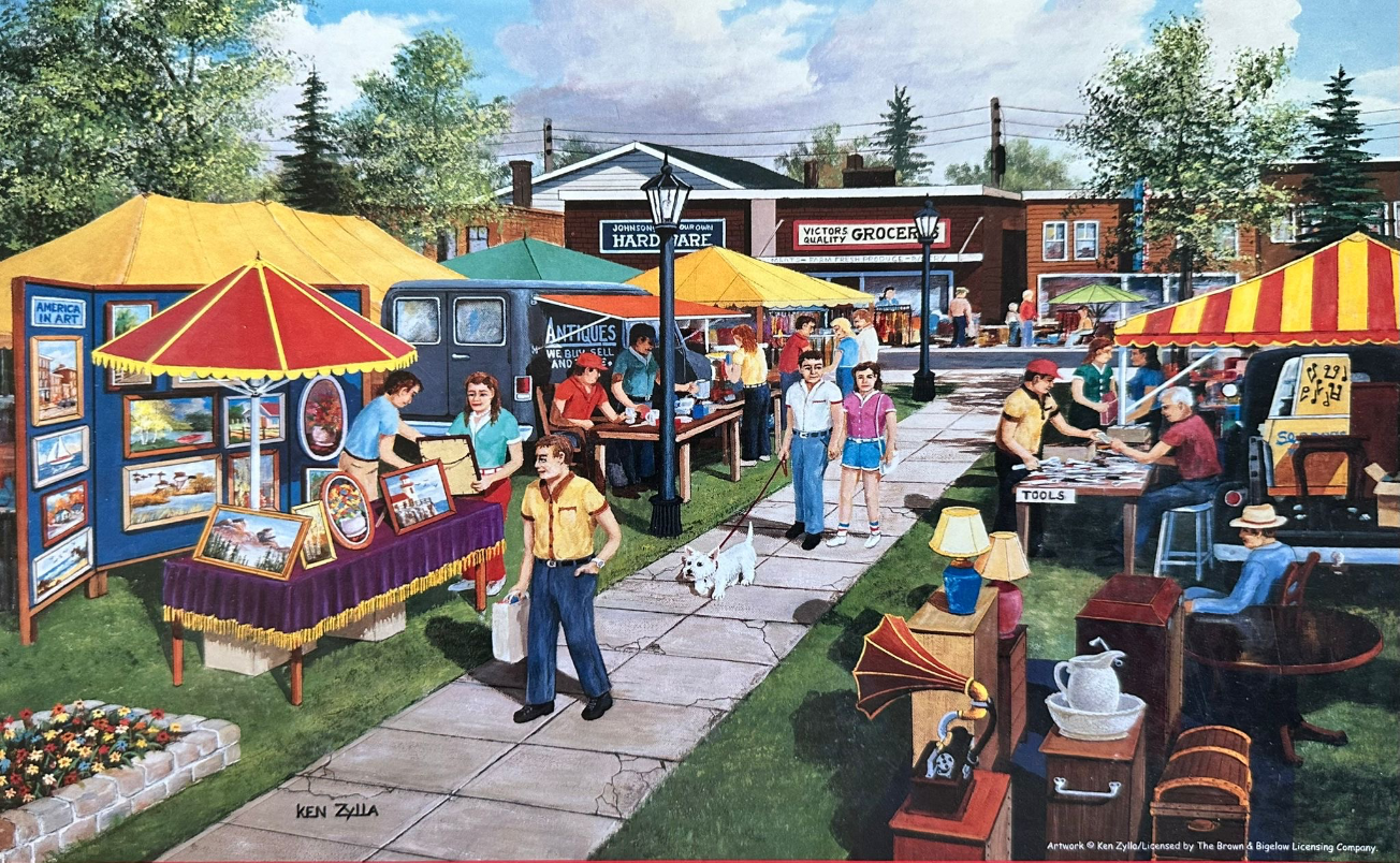 A lively outdoor street fair scene with colorful stalls, people shopping, and vintage items on a sunny day.