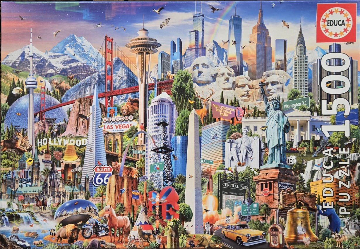 A vibrant collage of famous American landmarks, city skylines, and wildlife.