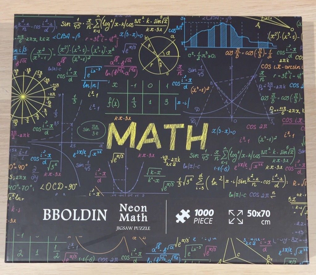 A chalkboard-style design covered in neon-colored mathematical equations, geometric shapes, and a central 'MATH' label.