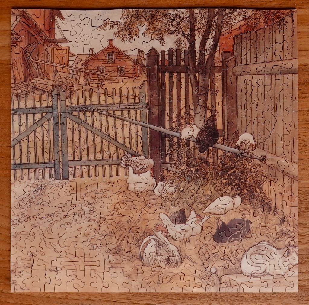 A sepia-toned illustration of a rustic farmyard with chickens near a wooden fence and a farmhouse in the background.