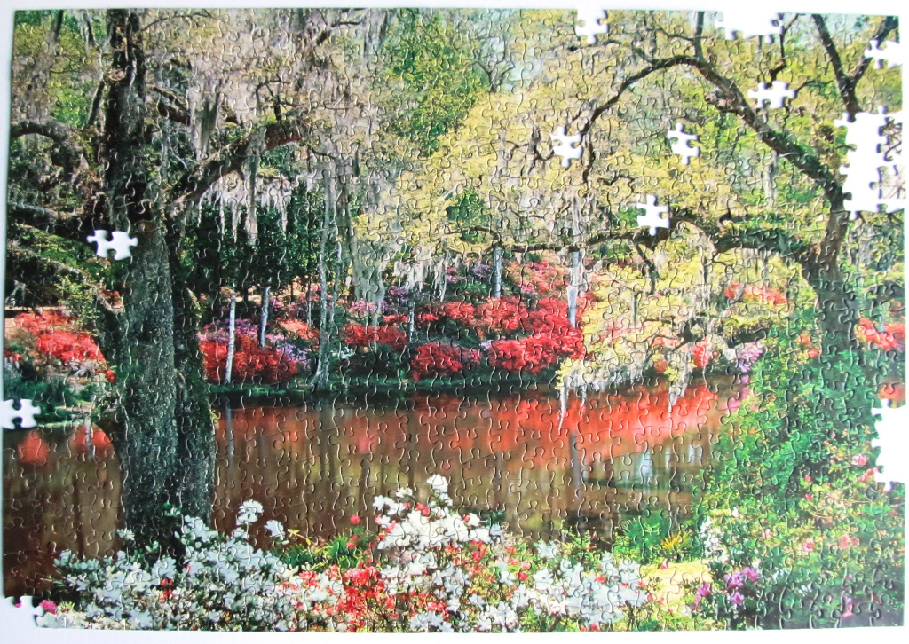 A lush Southern garden with azaleas, moss-draped trees, and a reflecting pond.