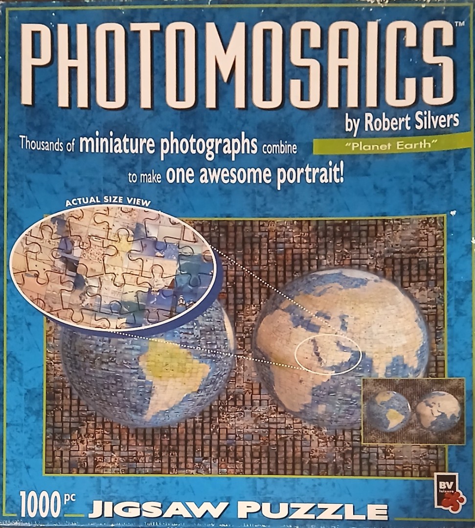 A photomosaic of the Earth created from thousands of tiny individual photographs.