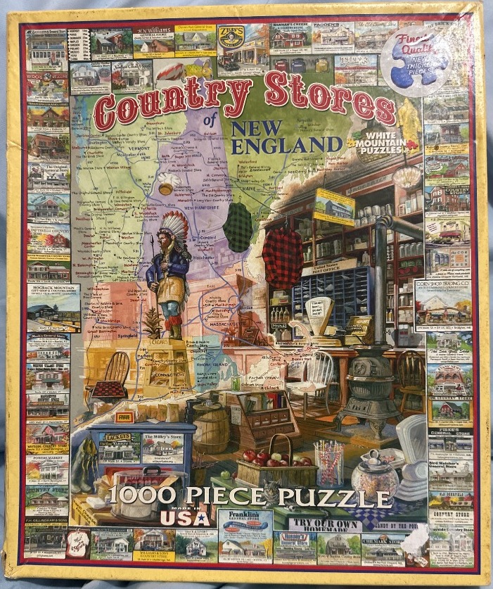 A collage featuring a vintage New England map, a rustic country store interior, and numerous individual shop photographs.