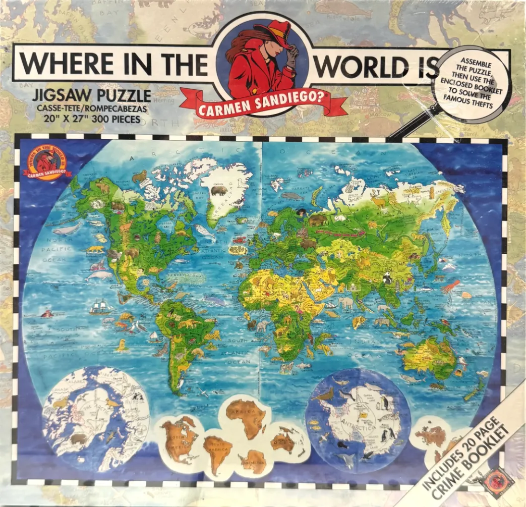 Illustrated world map featuring wildlife and landmarks, with a central Carmen Sandiego circular portrait.