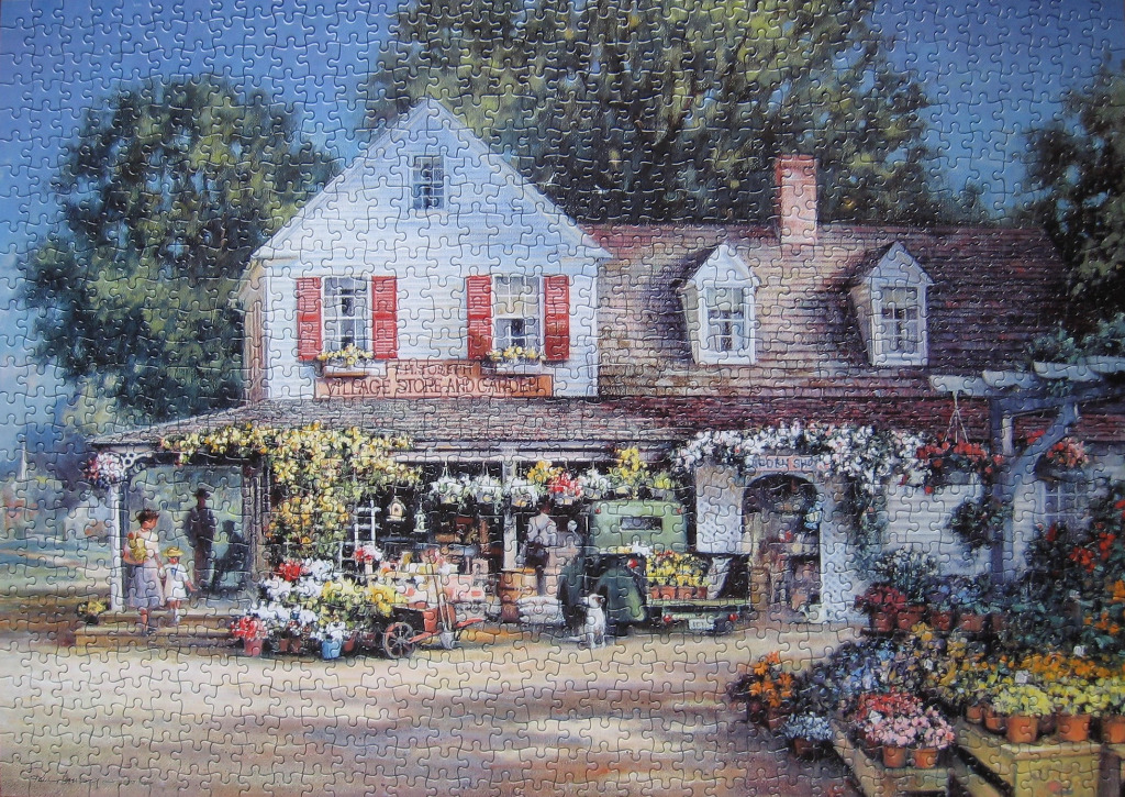 A nostalgic painting of a bustling village store and garden center with red shutters and abundant flower displays.
