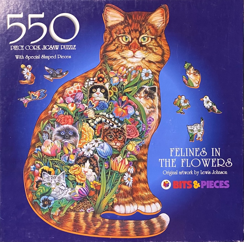 A large ginger tabby cat silhouette filled with a vibrant garden of flowers and smaller kittens against a deep blue backgroun