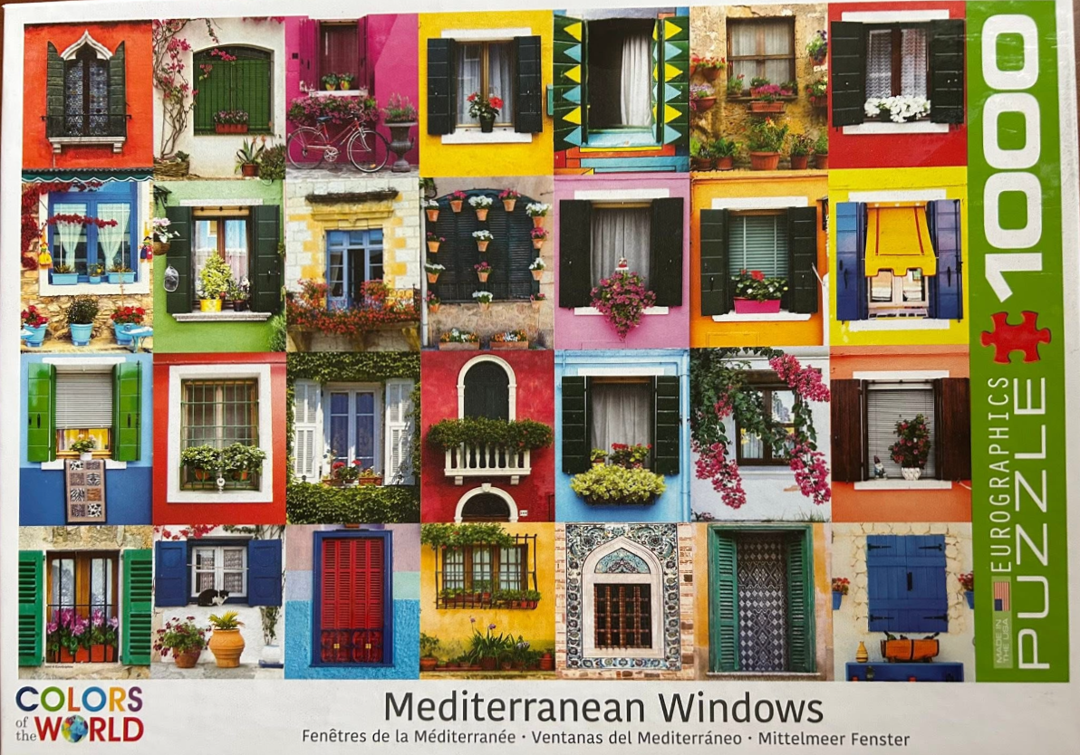 A collage of 25 colorful Mediterranean-style windows and architectural details.