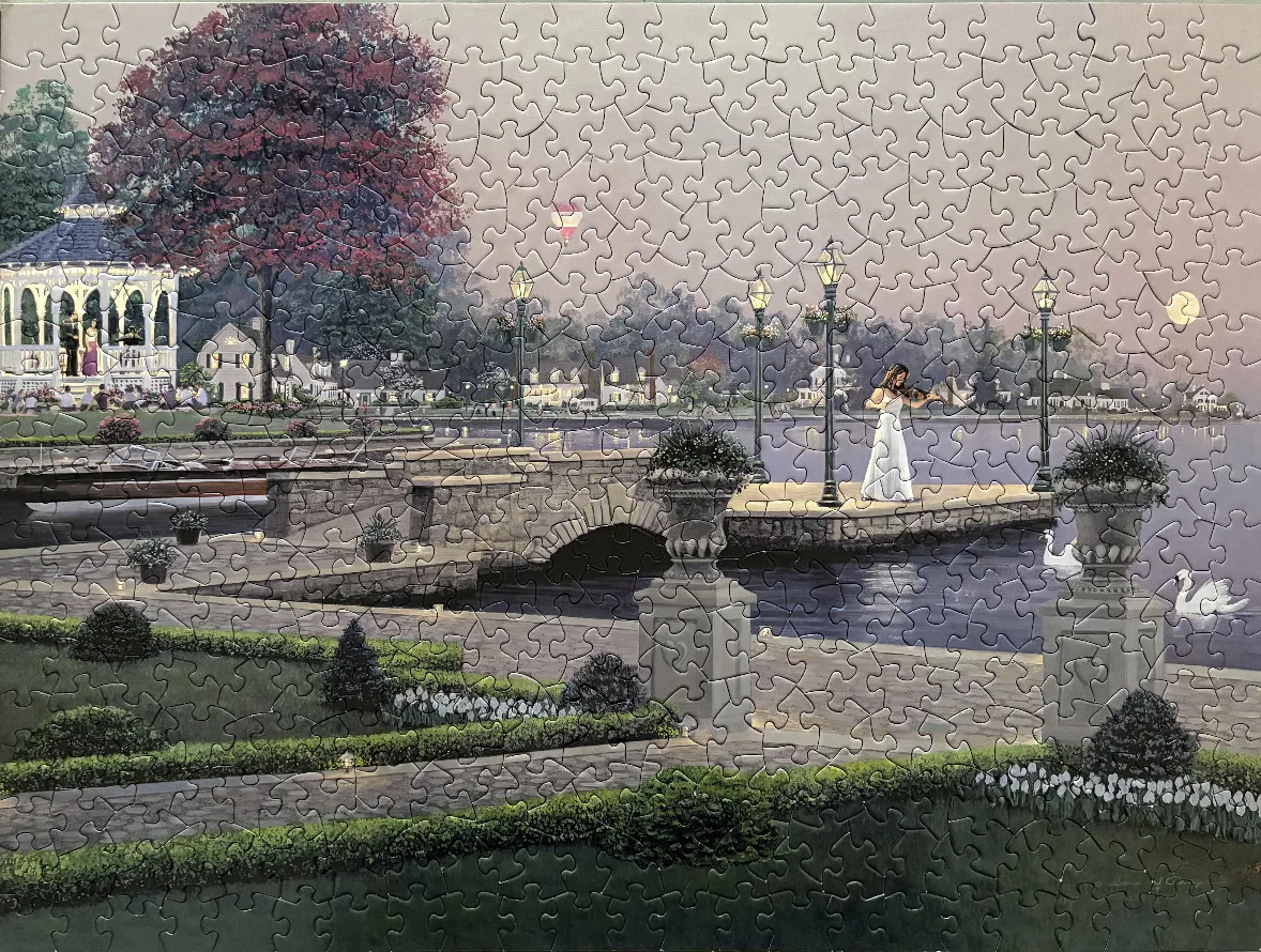 A romantic evening scene by a lake featuring a gazebo, a violinist, and swan in a lush garden setting.