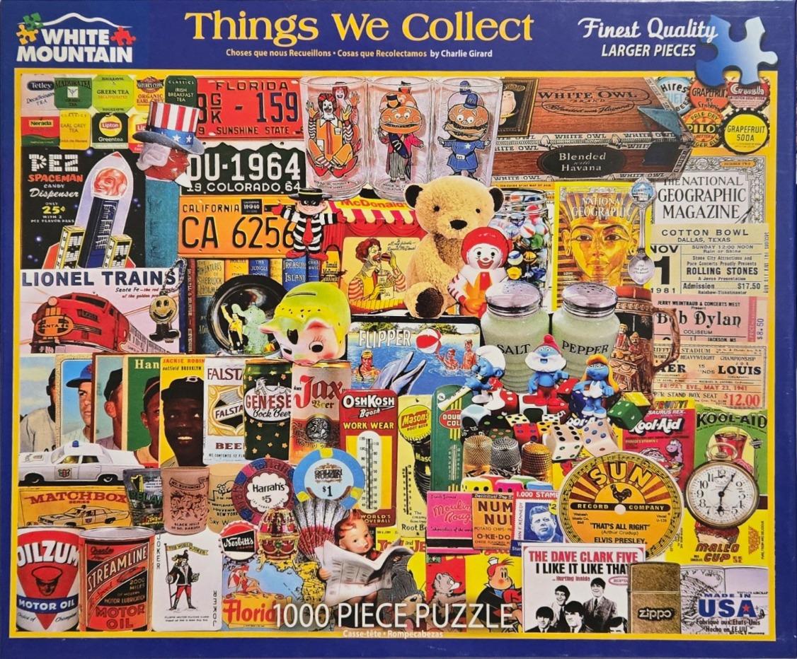 A collage of vintage Americana collectibles including license plates, toys, beverage cans, and advertisement posters.