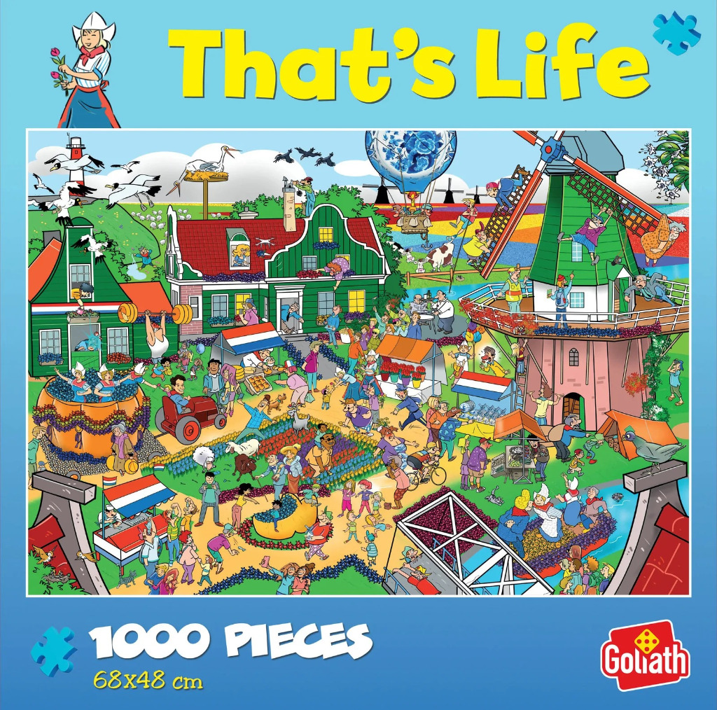 A busy, humorous cartoon illustration set in a Dutch countryside scene featuring a windmill, tulip fields, and people.