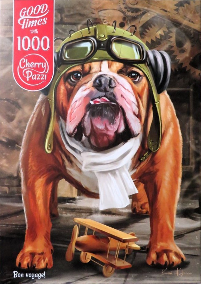 An illustration of an English bulldog wearing an aviator helmet and scarf, standing over a small wooden toy airplane.