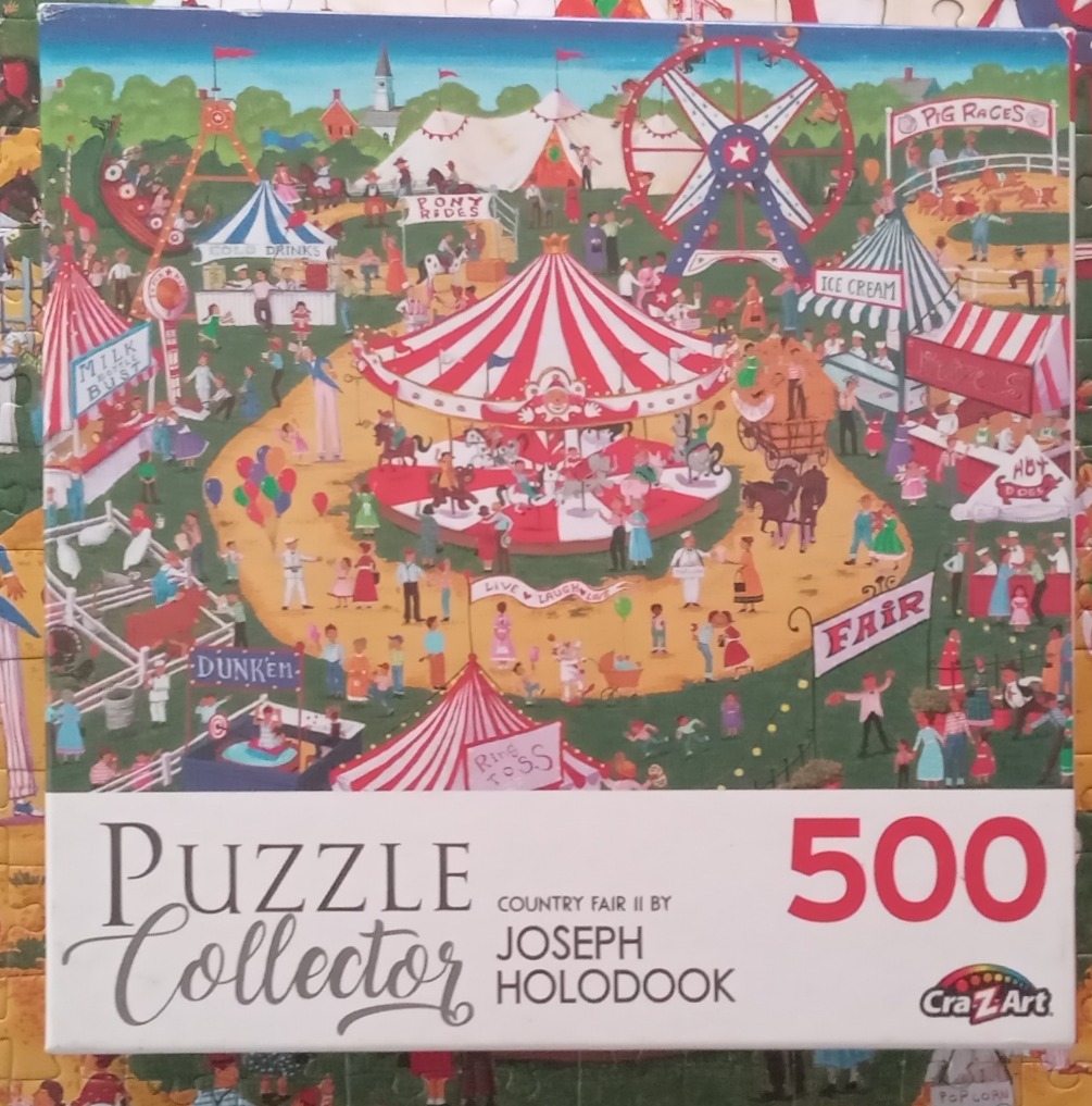 Illustration of a bustling county fair with a carousel, ferris wheel, and various carnival games and booths.