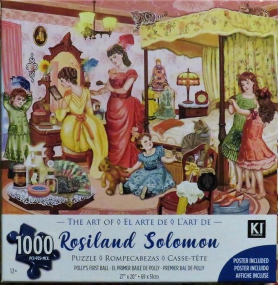 Victorian-style illustration of women and children getting ready in a decorated bedroom with cats.