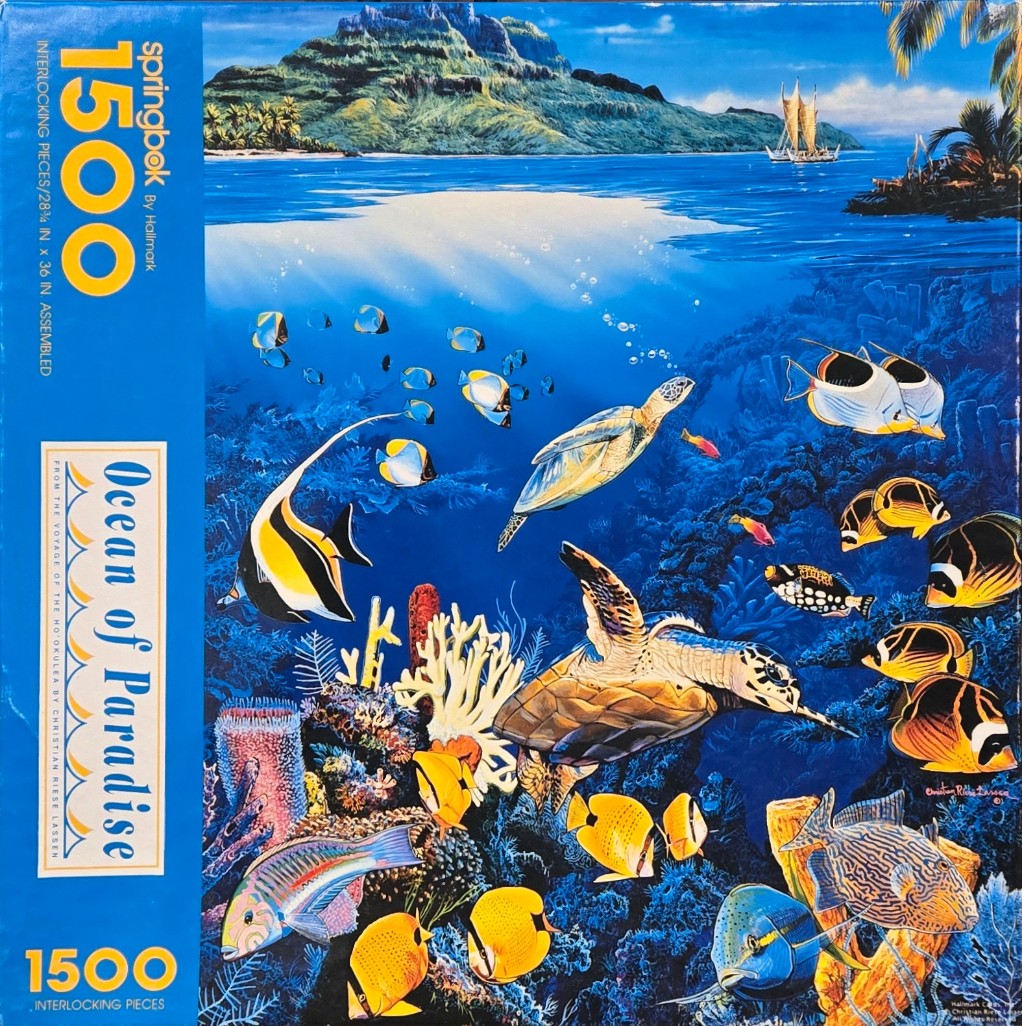 Underwater scene featuring sea turtles and colorful tropical fish beneath a tropical island landscape.