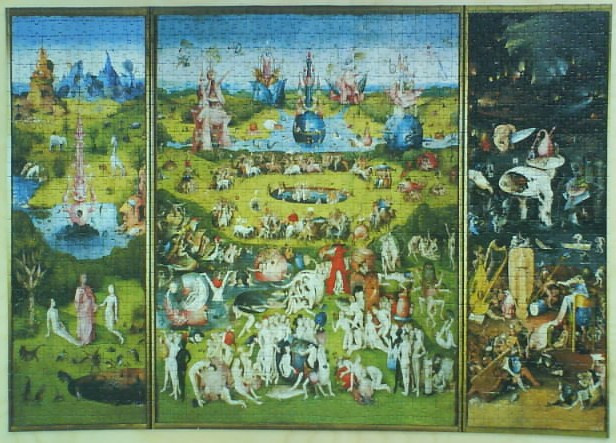 A triptych painting depicting The Garden of Earthly Delights with surreal, crowded scenes of humans, animals, and structures.