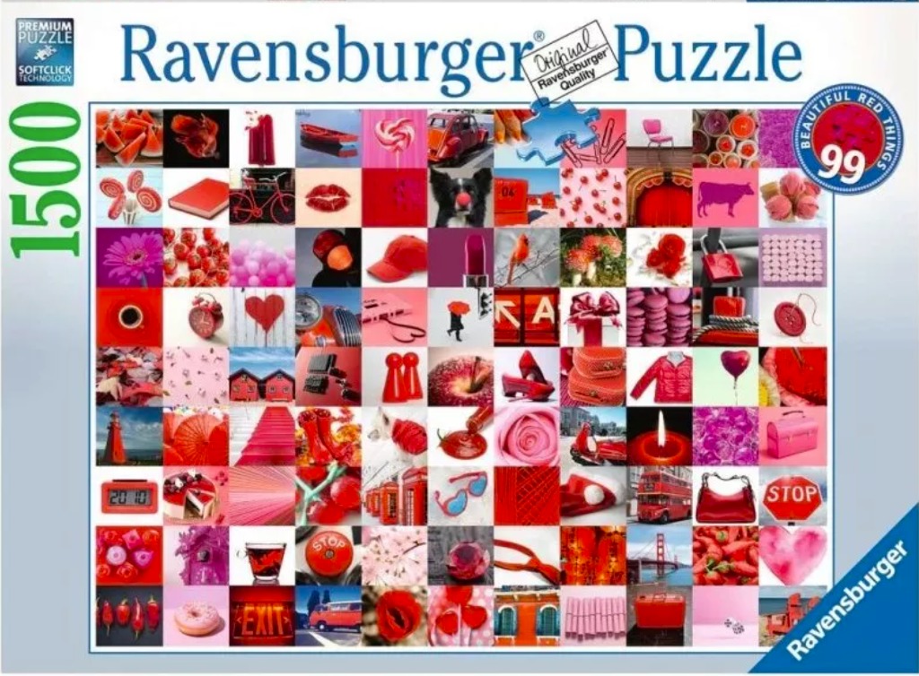 A collage of 99 different images, all featuring the color red.