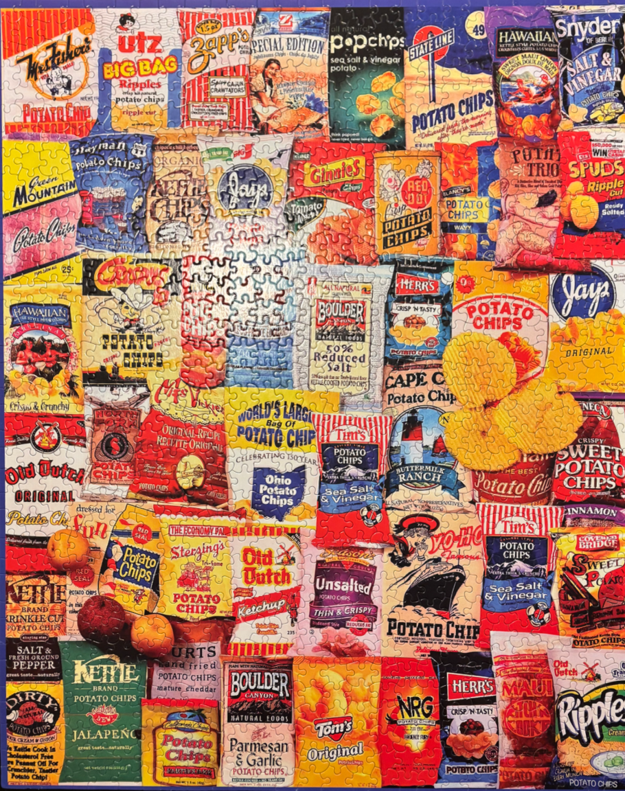 A collage of various colorful vintage and modern potato chip bags arranged in a grid.