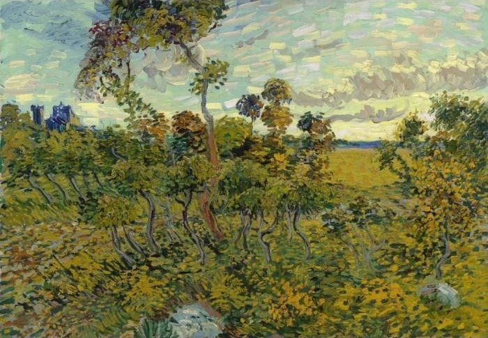 An expressionist oil painting of a sunlit landscape with twisted trees and a castle in the distance.