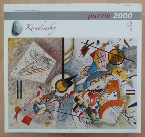 Abstract expressionist painting with geometric shapes, lines, and textures in a balanced, chaotic composition.