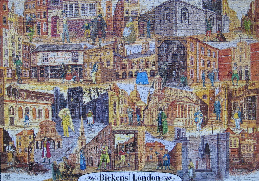 An illustrated montage of Dickensian London featuring historical buildings and characters from Charles Dickens' novels.