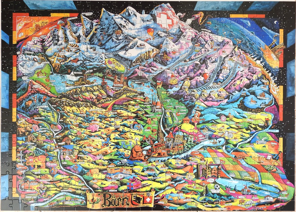 A whimsical, brightly colored, cartoon-style map of the Bern region in Switzerland.