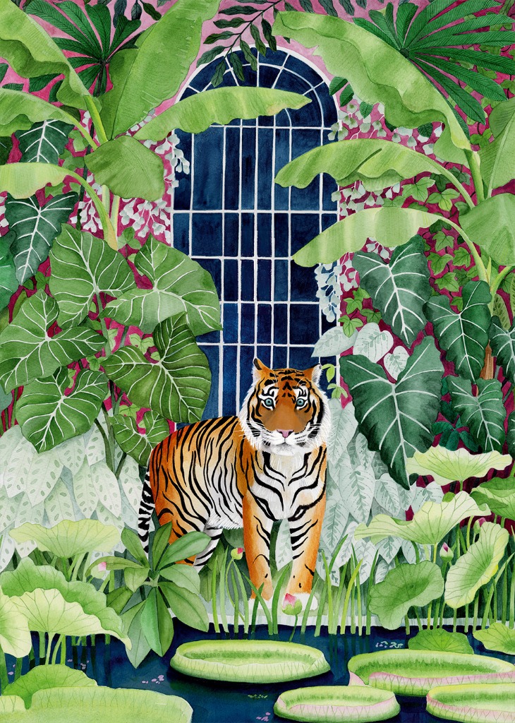 A tiger stands in front of a dark blue arched window, surrounded by lush green tropical plants and lily pads.