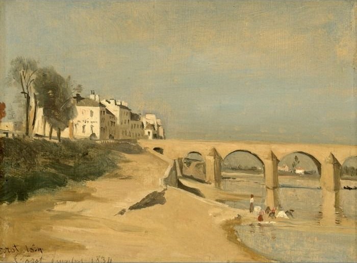 An oil painting of a stone bridge over a river with buildings on the bank.