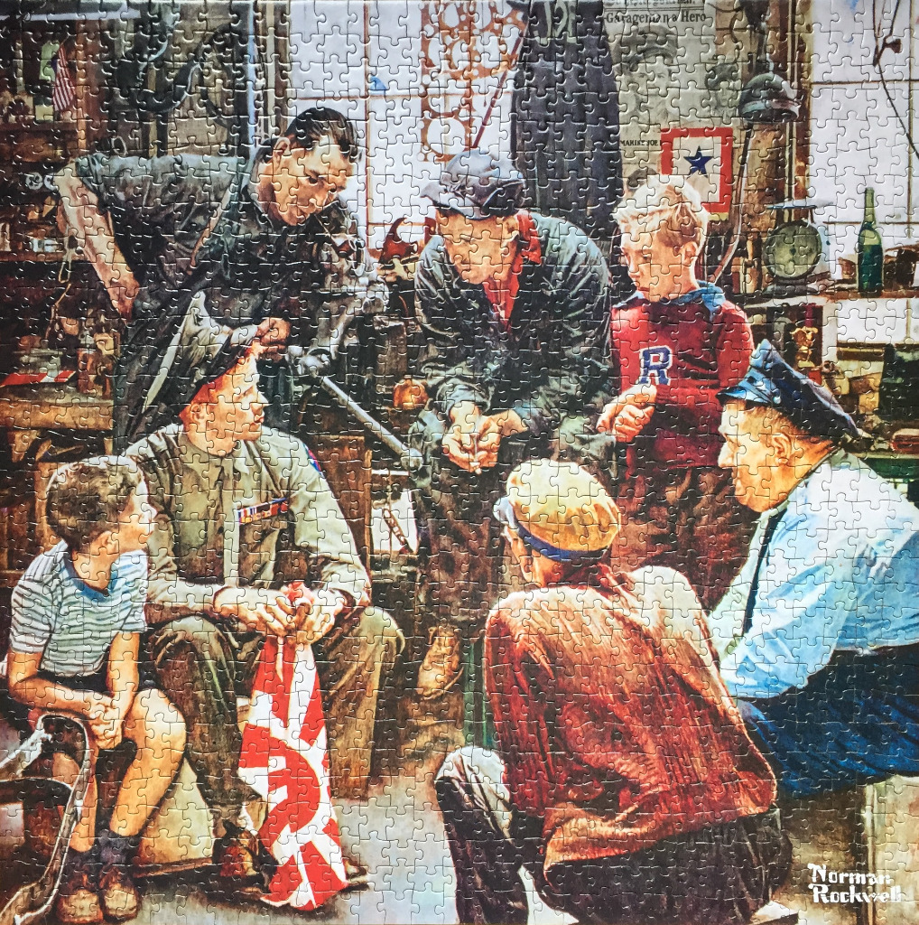 Norman Rockwell-style illustration of men and boys gathered in a workshop with a captured Japanese flag.