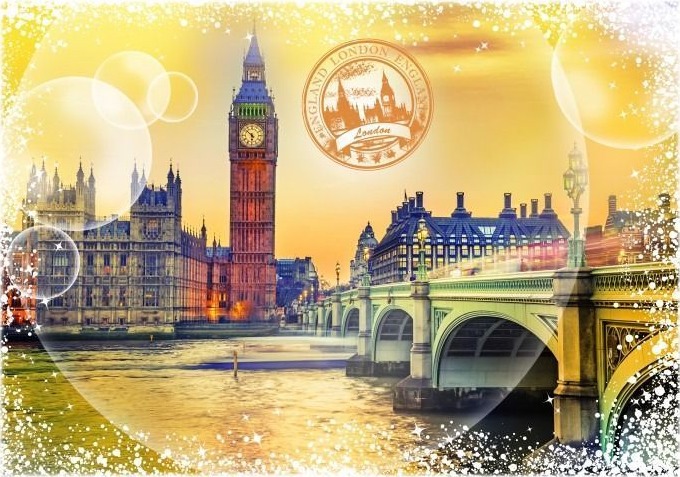 The Palace of Westminster and Westminster Bridge in London during a golden sunset, framed by decorative bokeh bubbles.
