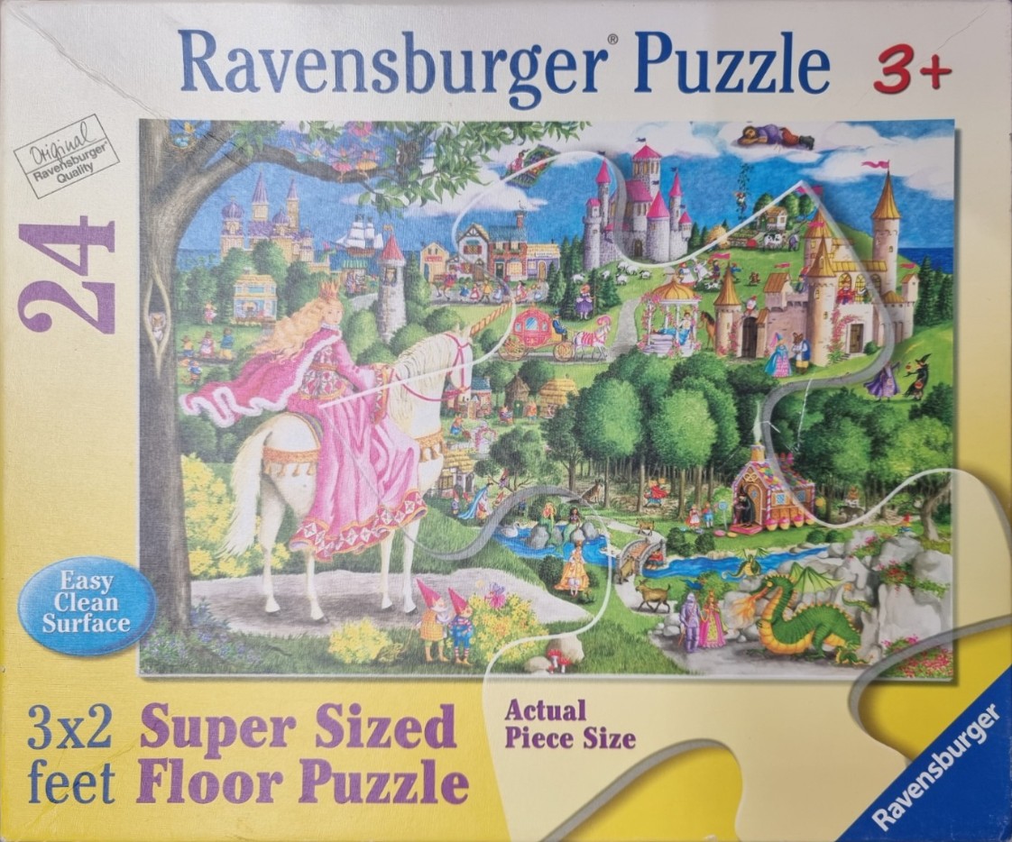 An illustration of a fairytale kingdom with a princess on a unicorn, a dragon, and various mythical creatures.