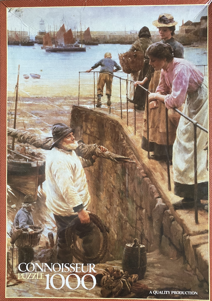 An oil painting of a coastal harbor scene with a fisherman and women watching from a stone pier.