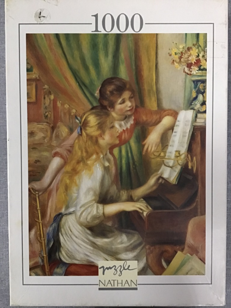 An oil painting of two young girls at a piano, one playing and one standing behind looking at sheet music.